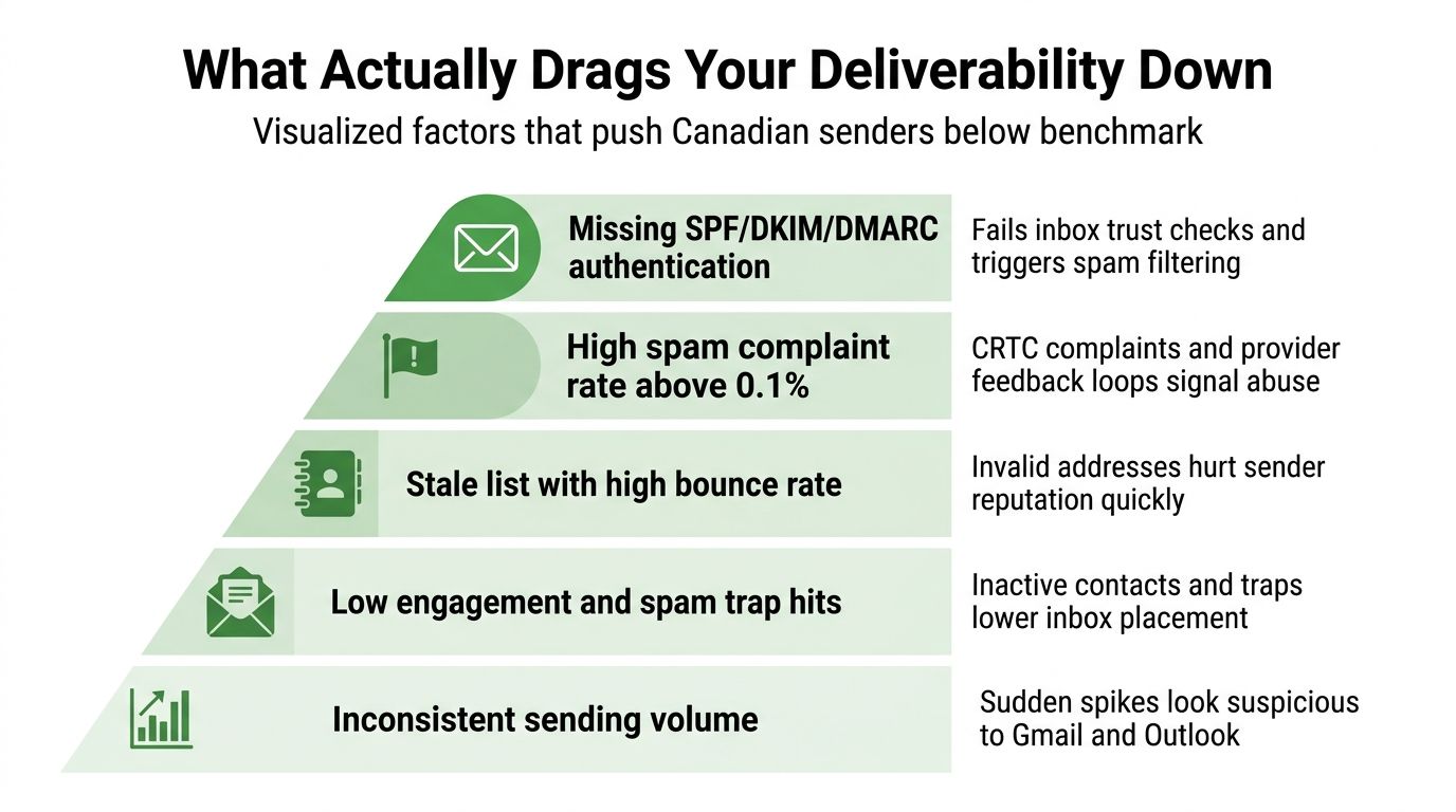A pyramid infographic listing five key factors that negatively impact email deliverability rates for Canadian senders.