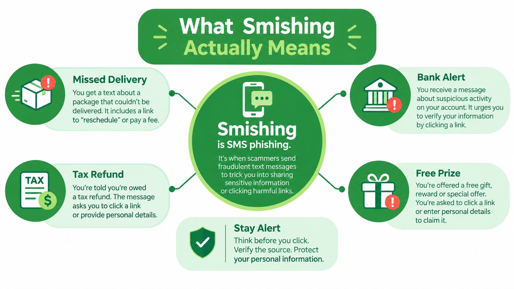 An infographic titled What Smishing Actually Means, explaining common SMS phishing scams like fake deliveries and bank alerts.
