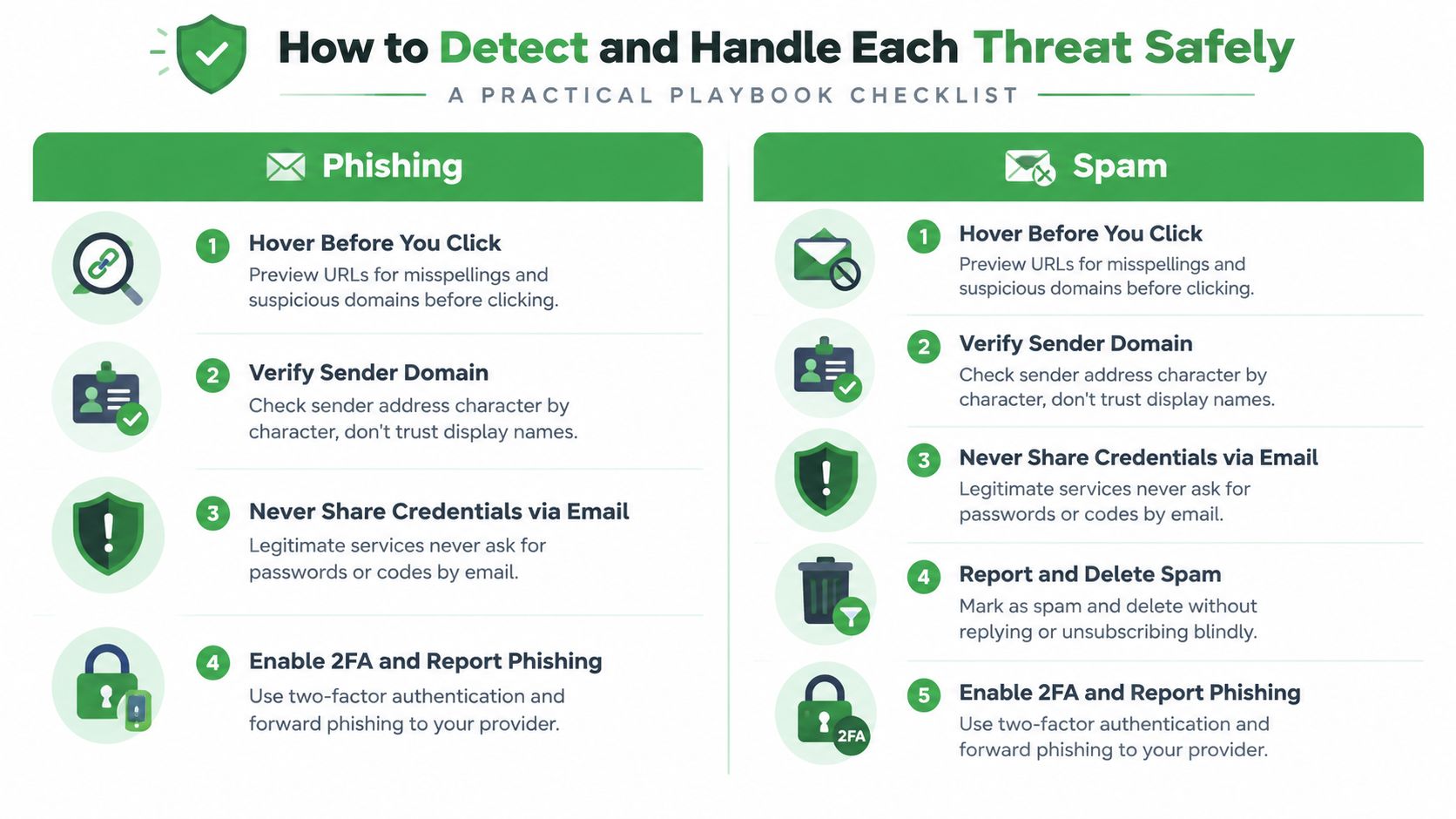 A checklist infographic illustrating practical steps to safely detect and handle phishing and spam email threats.