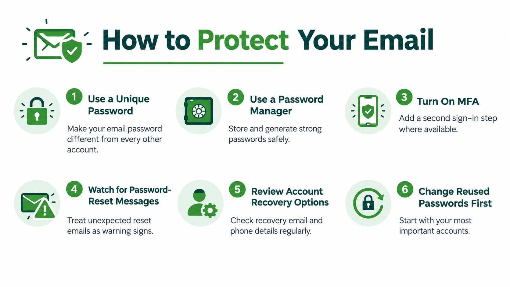 An infographic detailing six essential steps to protect your email account from unauthorized access and cyber threats.