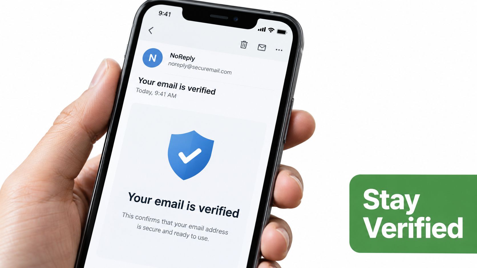 A hand holding a smartphone showing an email notification confirming that an email address is verified.