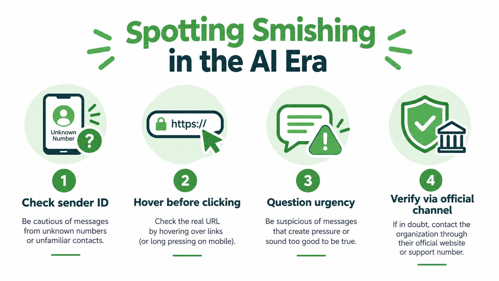 An infographic titled Spotting Smishing in the AI Era with four numbered steps on how to identify scams.
