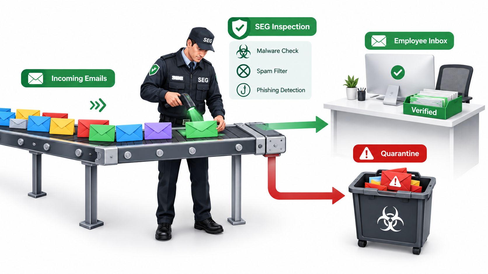 A security guard inspects emails on a conveyor belt, routing safe ones to an inbox and threats to quarantine.