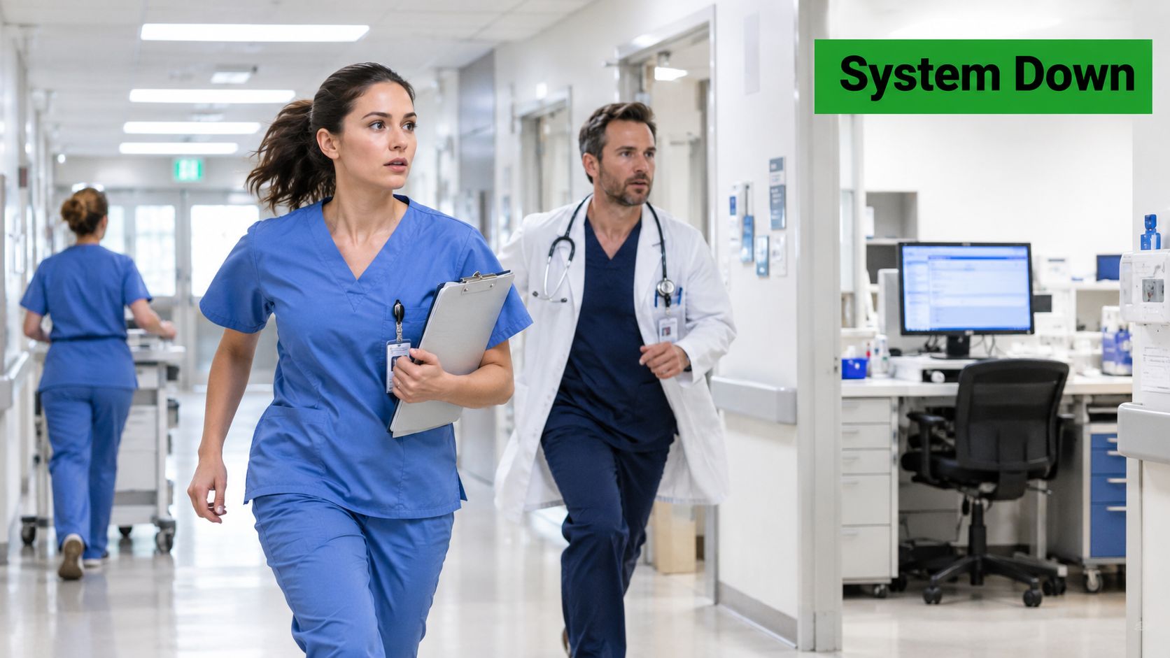 Medical staff in a hospital hallway during a simulated emergency situation caused by a system outage.