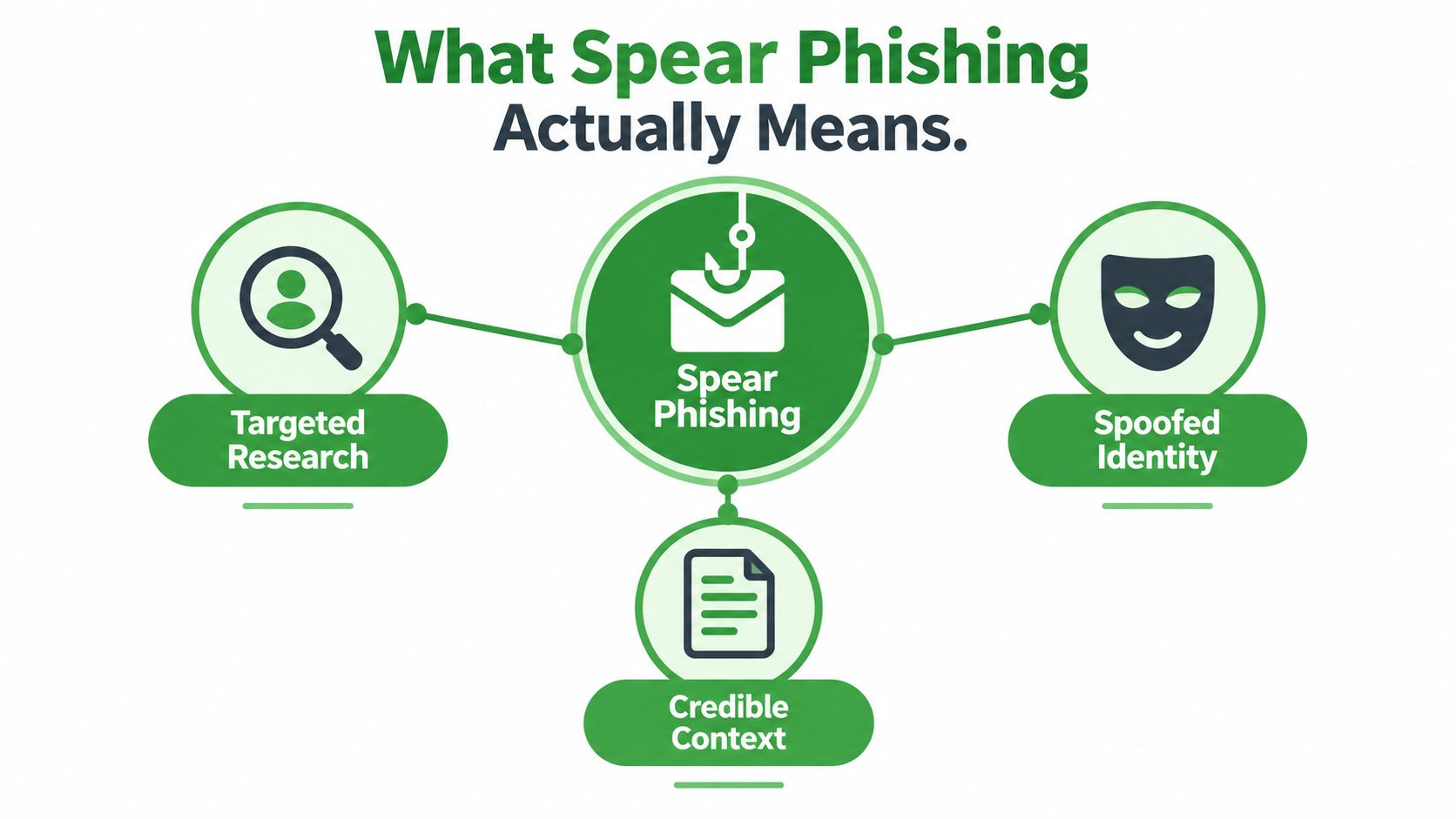 An infographic showing the three main components of spear phishing: targeted research, spoofed identity, and credible context.