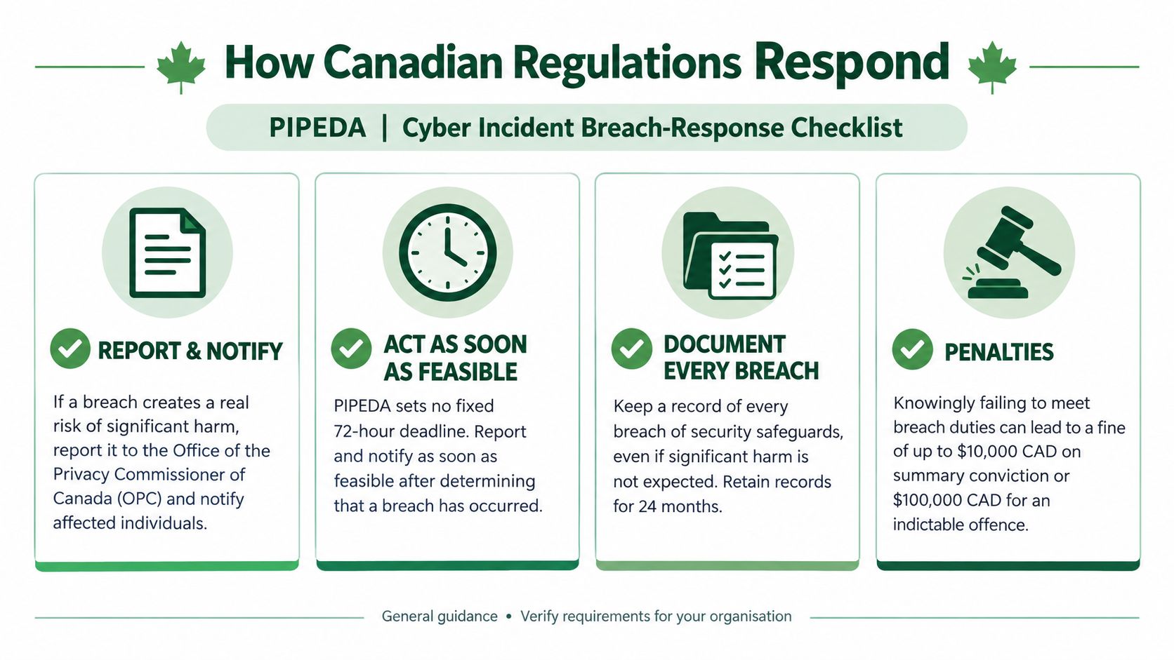 An infographic titled PIPEDA Cyber Incident Breach-Response Checklist outlining reporting, notification, documentation, and penalty requirements for Canadian businesses.