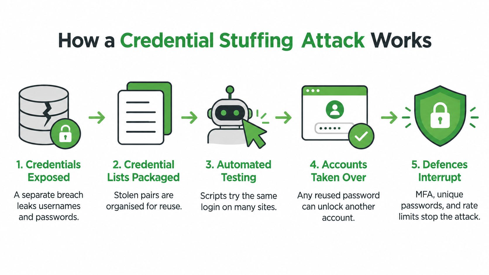 An infographic illustrating the five steps of a credential stuffing attack, from data breach to defense.