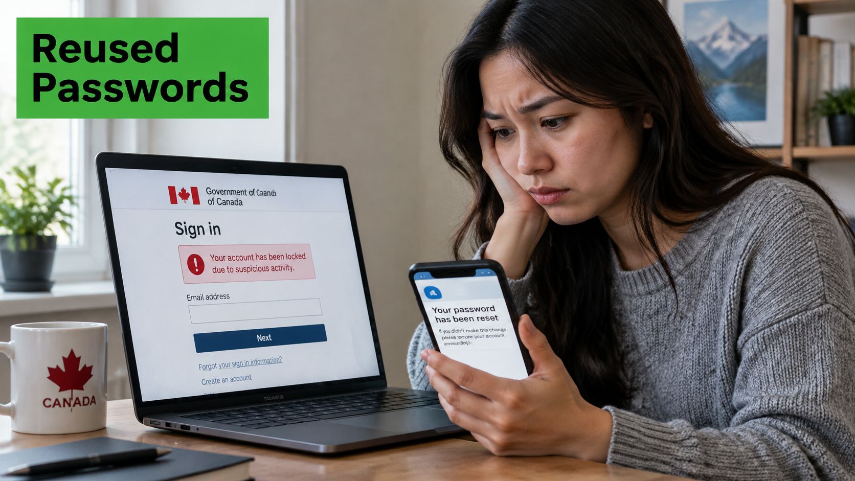 A concerned woman sitting at a desk with a laptop showing a government account lock notification.