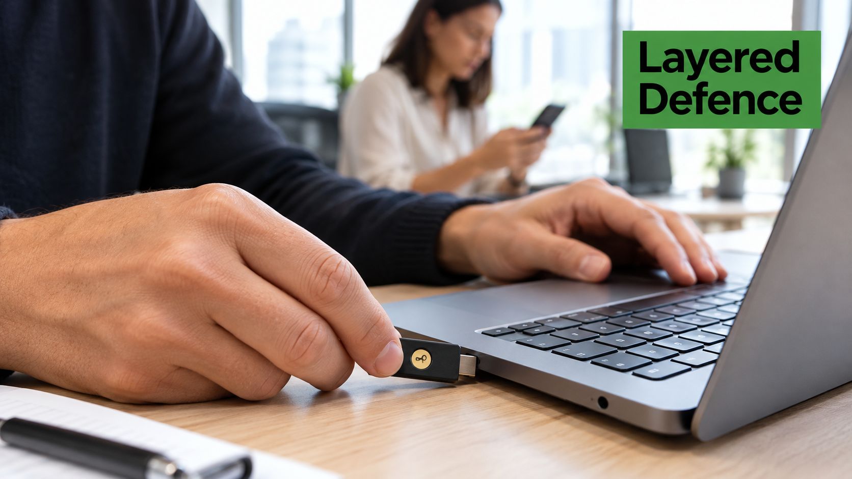 A professional inserting a security USB key into a laptop, highlighting the concept of layered defence.
