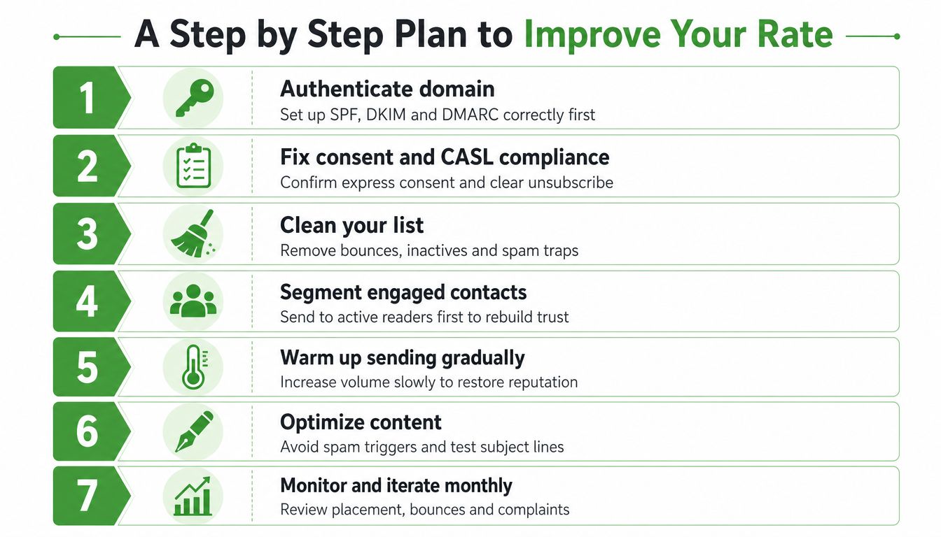 A seven-step guide illustrating how to improve email deliverability rates through authentication, list cleaning, and content optimization.