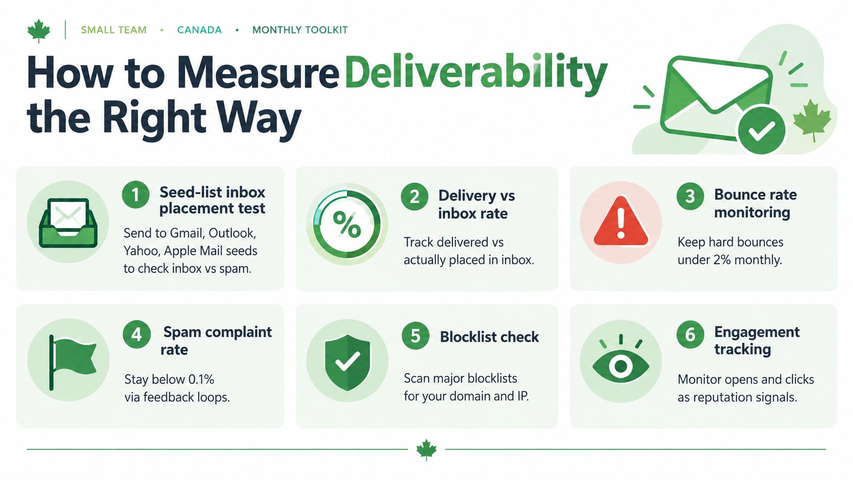 An infographic titled How to Measure Deliverability illustrating six essential methods for improving email campaign performance.
