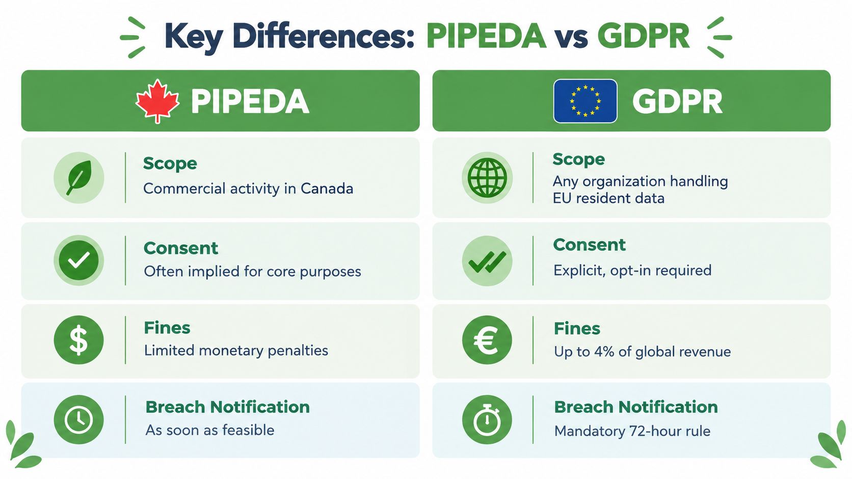 A comparison chart outlining key differences between PIPEDA and GDPR regulations, covering scope, consent, fines, and notification.