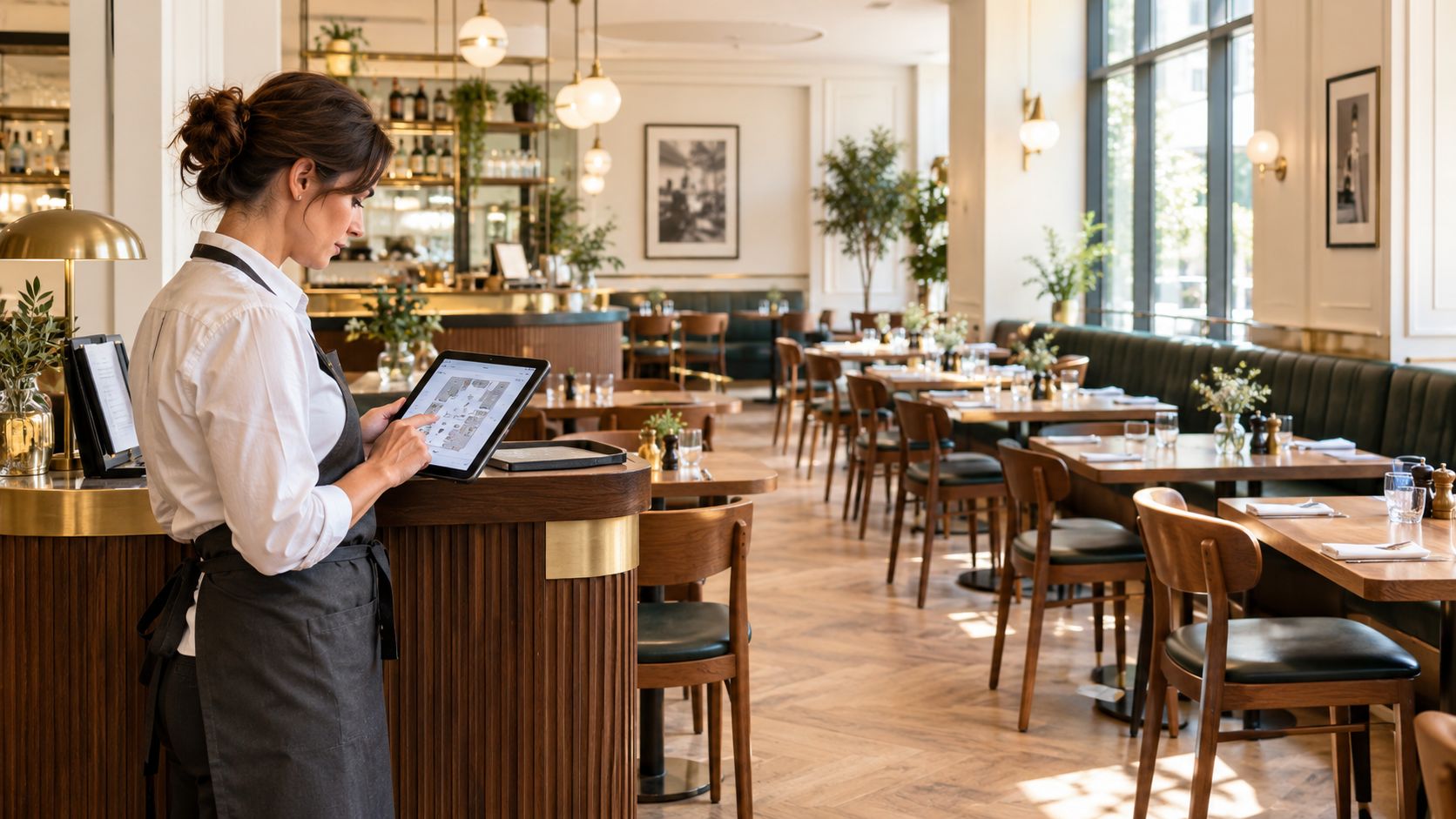 A waitress in a white shirt and apron uses a tablet at a wooden hostess stand in a restaurant.
