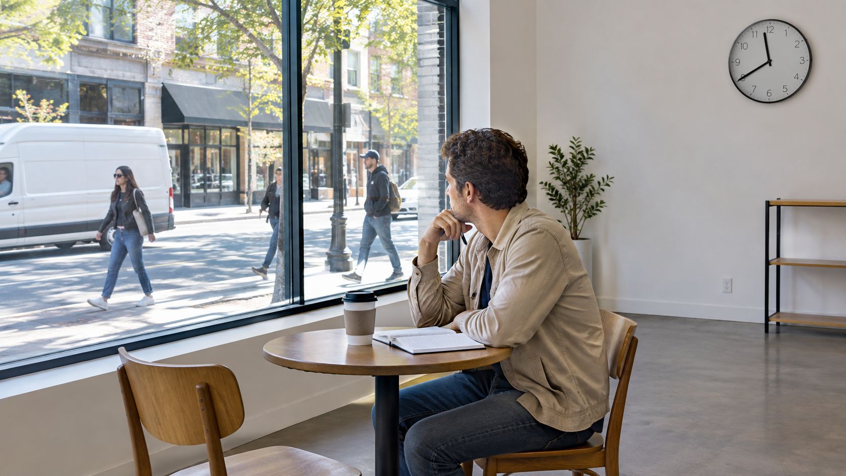 A man sitting at a round table in a cafe, looking out a large window at the street.
