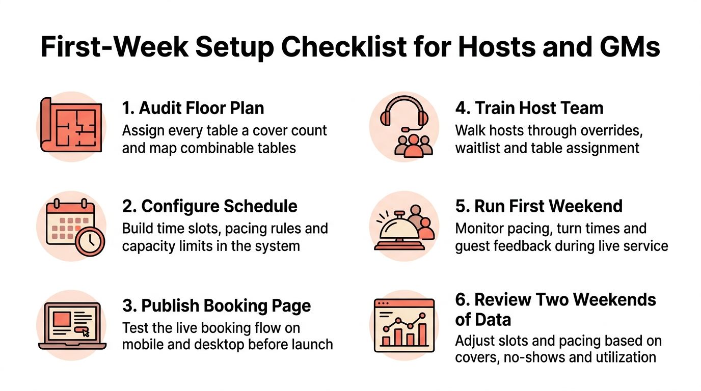 A six-step checklist for hosts and general managers to set up an online restaurant booking system.