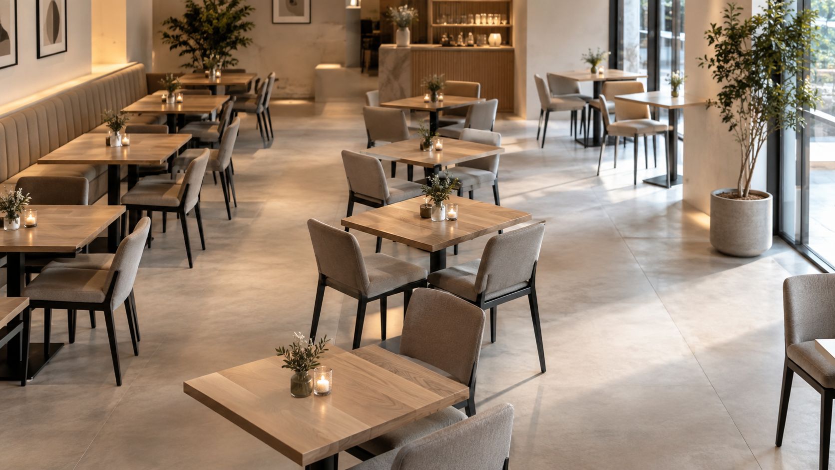 A minimalist, sunlit restaurant dining room featuring rows of wooden tables, comfortable beige chairs, and soft interior lighting.