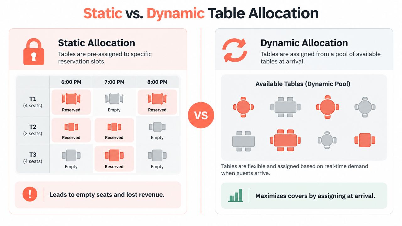 A diagram comparing static versus dynamic table allocation for restaurant reservations, illustrating improved efficiency with dynamic systems.
