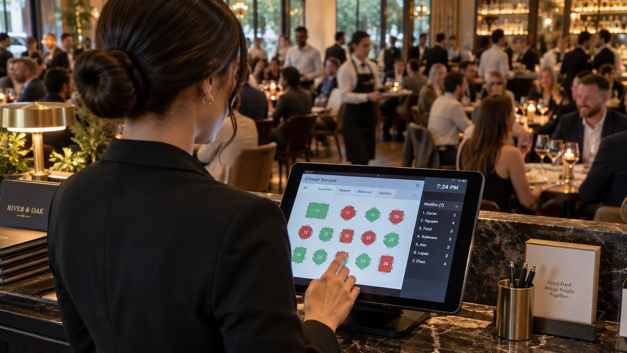 A restaurant hostess checks a tablet screen displaying digital floor plan reservations and the current waitlist.