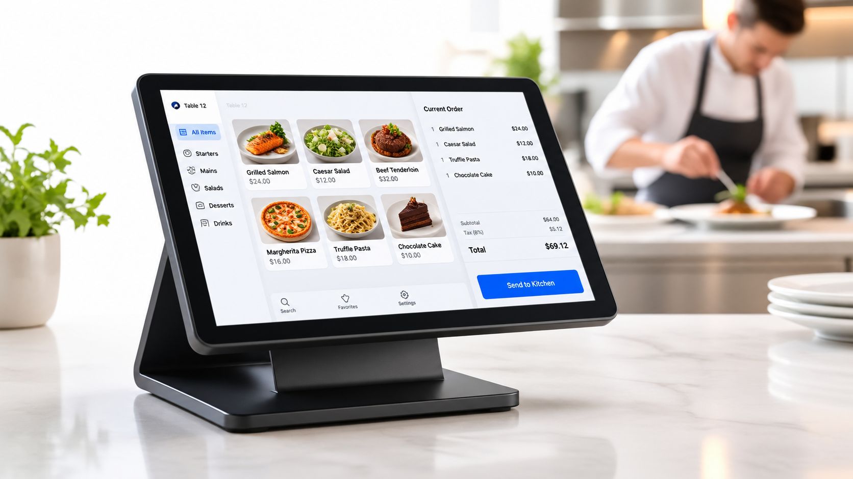 A modern restaurant POS system terminal displaying menu items and a digital customer order on a counter.