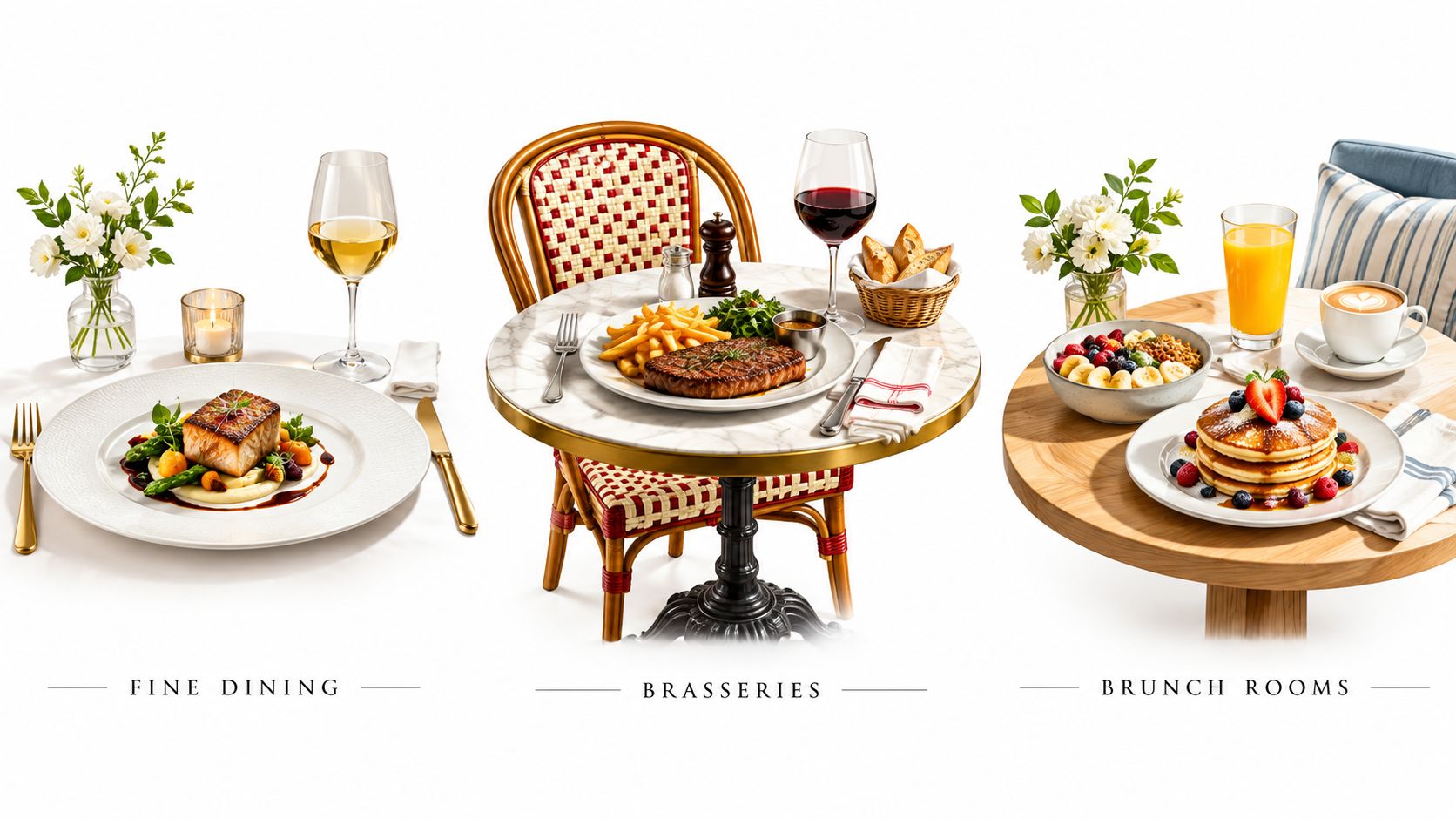 Three different restaurant dining styles featuring fine dining, a classic brasserie table, and a cozy brunch setting.