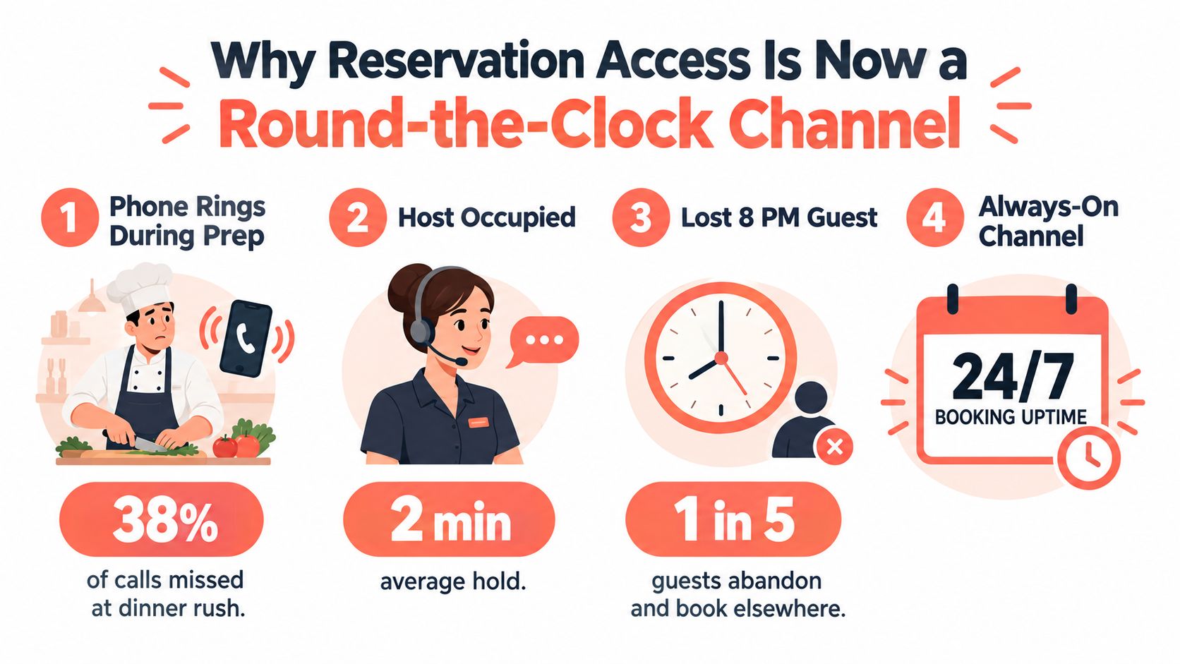 An infographic showing why 24/7 online reservation access is essential for restaurant business growth.