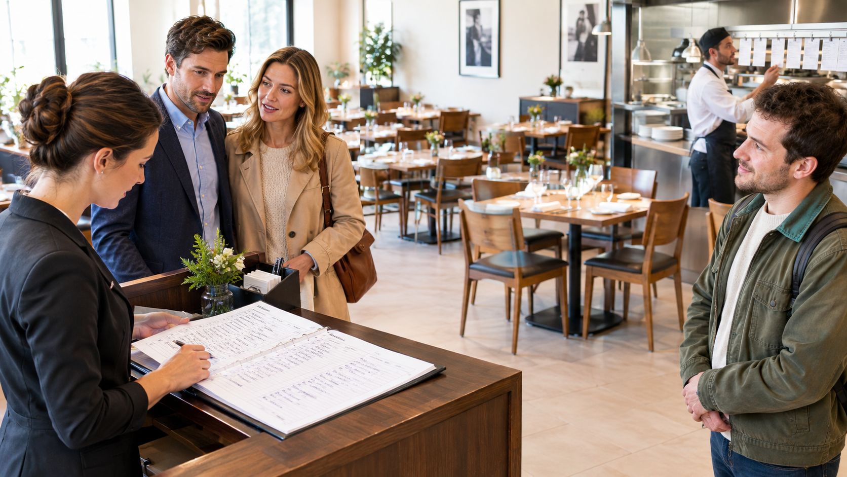 A restaurant hostess checks a reservation book for customers waiting at the entrance of a busy dining room.