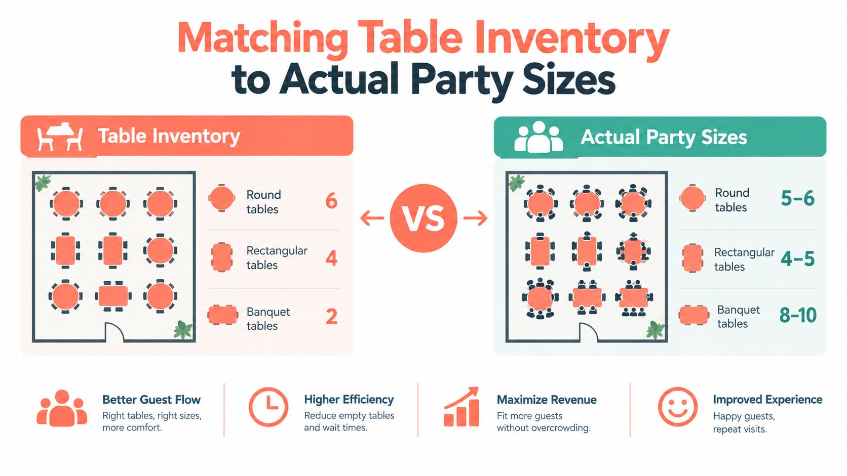 A diagram comparing restaurant table inventory counts against ideal guest party sizes for better floor plan optimization.