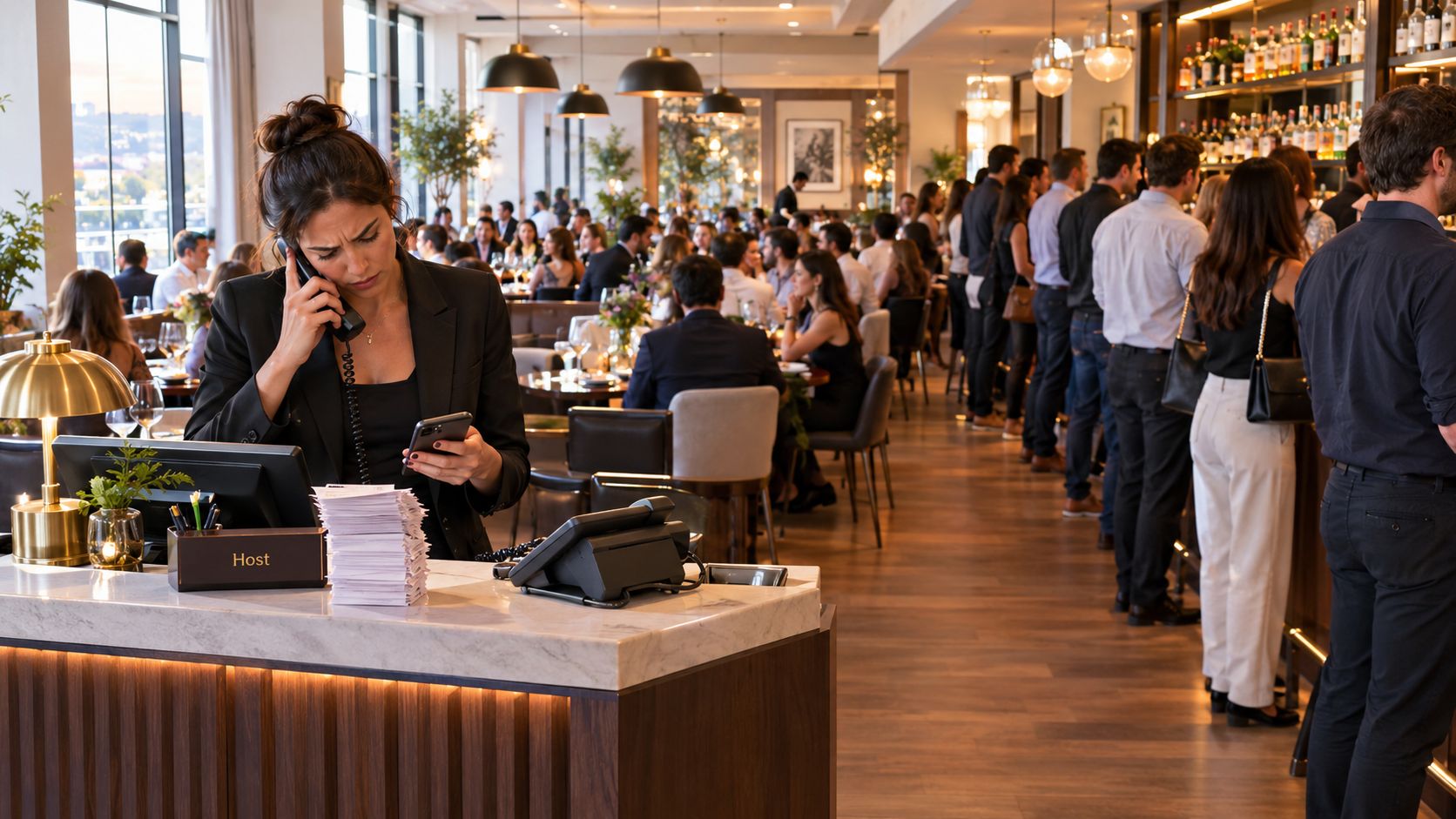 A professional hostess managing a busy restaurant reception desk while talking on the phone and checking reservations.