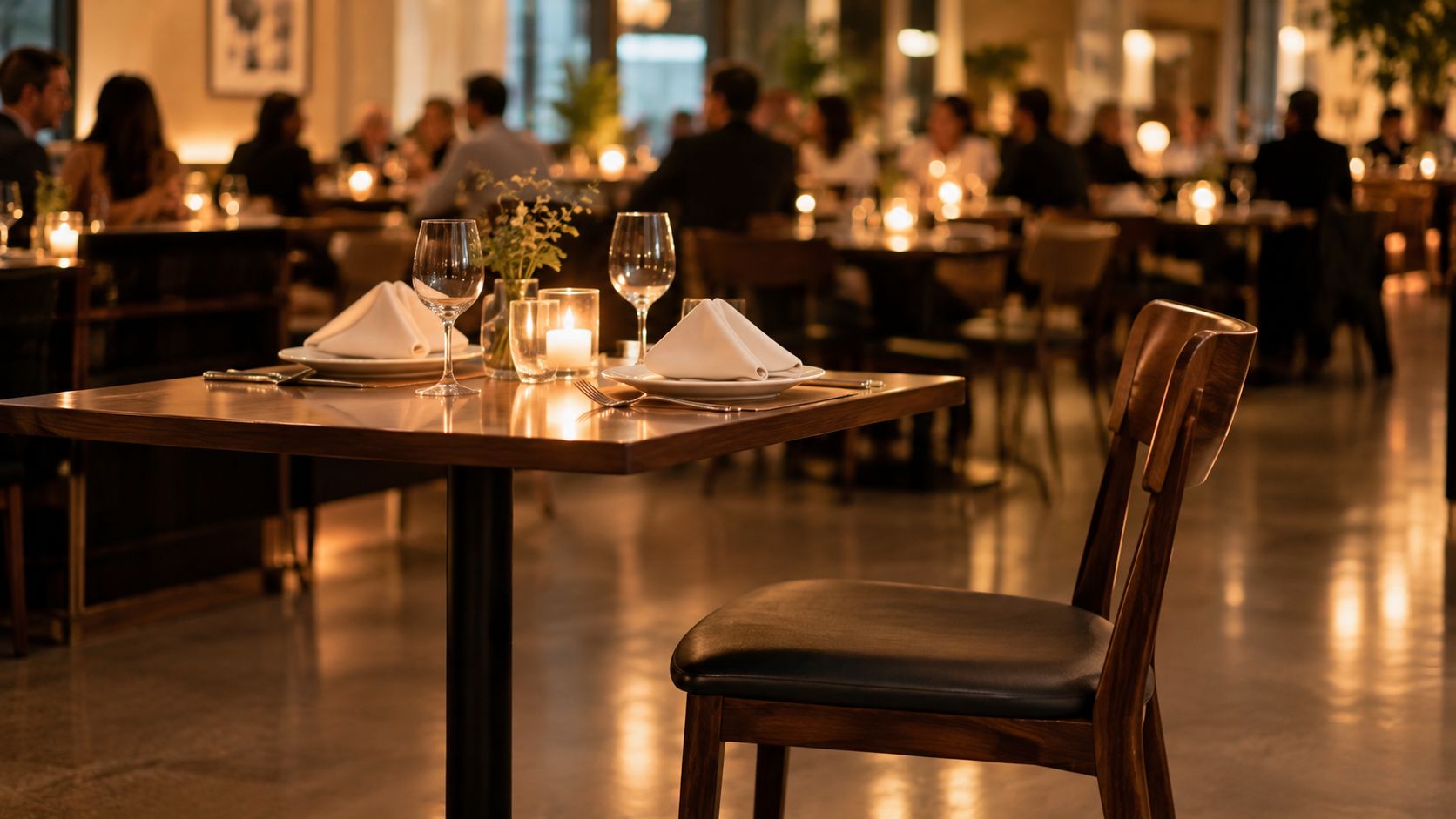 A warm, dimly lit restaurant dining room with a table set for two, creating a cozy atmosphere.