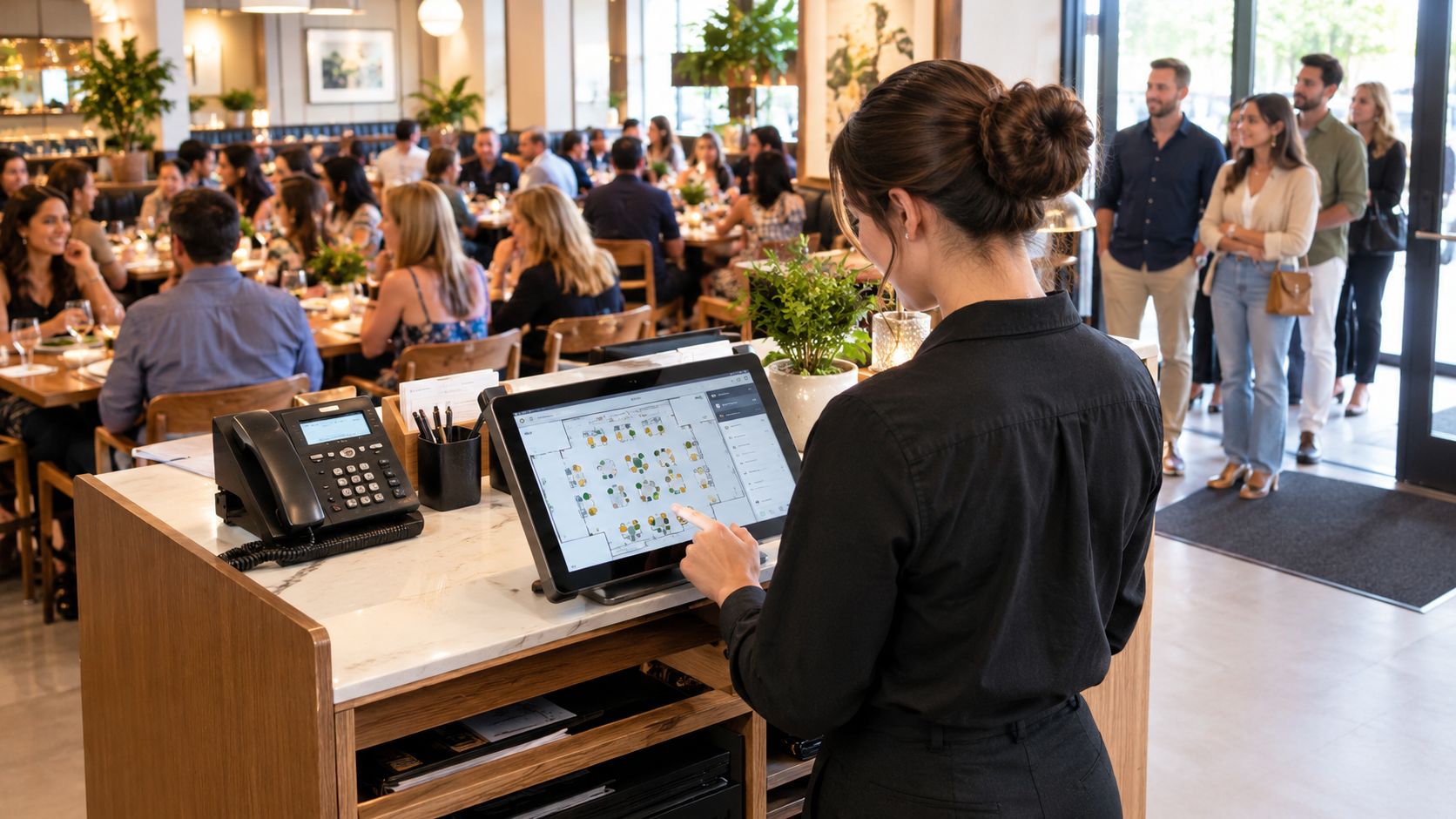 A hostess stands at a restaurant podium, using a touch screen tablet to manage table floor plans.