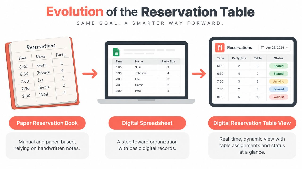An infographic showing the evolution of restaurant reservation systems from paper books to spreadsheets and digital table software.