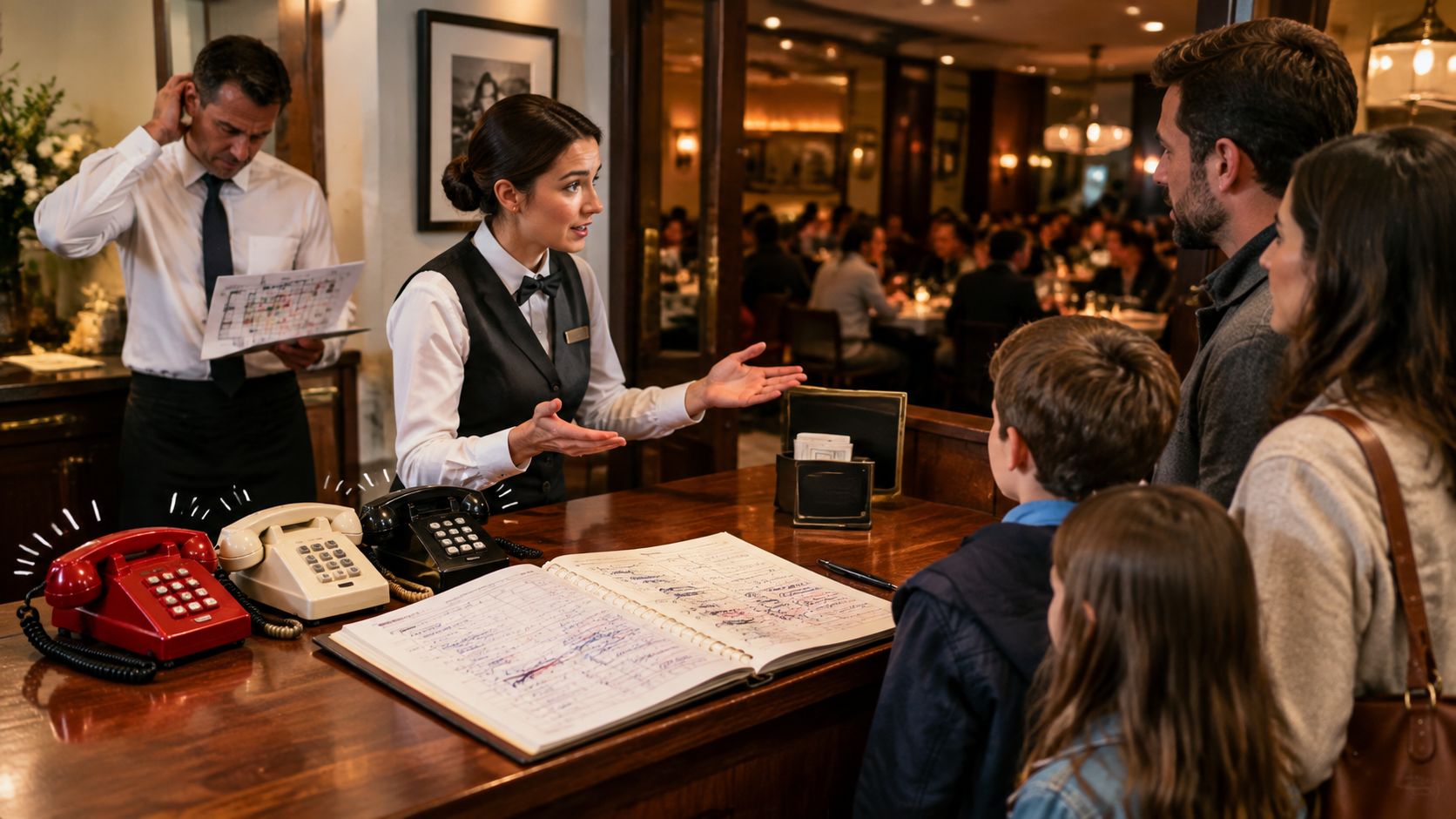A professional hotel receptionist explaining a restaurant floor plan to a family at the front desk.