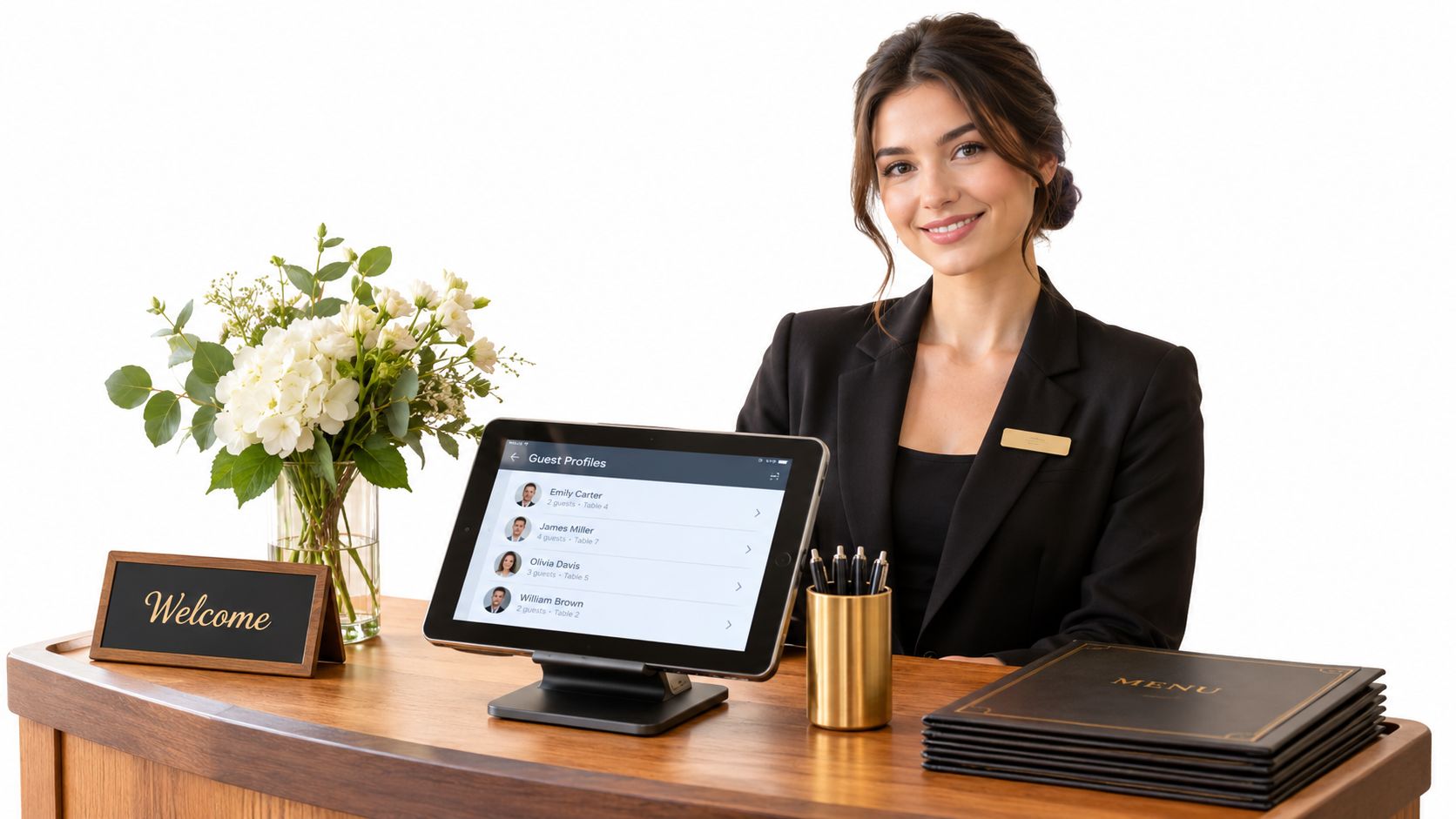 A friendly hostess sitting at a desk with a tablet displaying guest management software in a restaurant