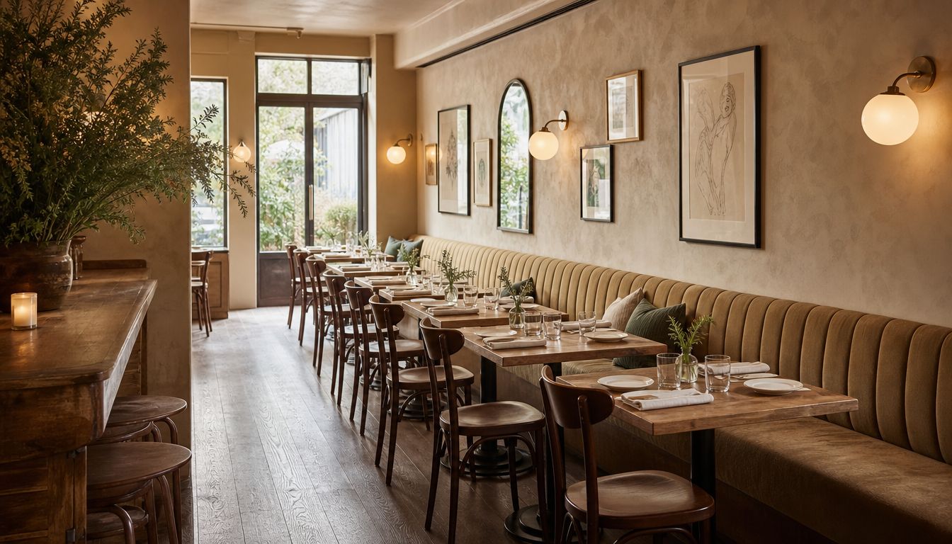 A warm, elegant restaurant interior with a long tufted booth, wooden tables, and vintage decor.