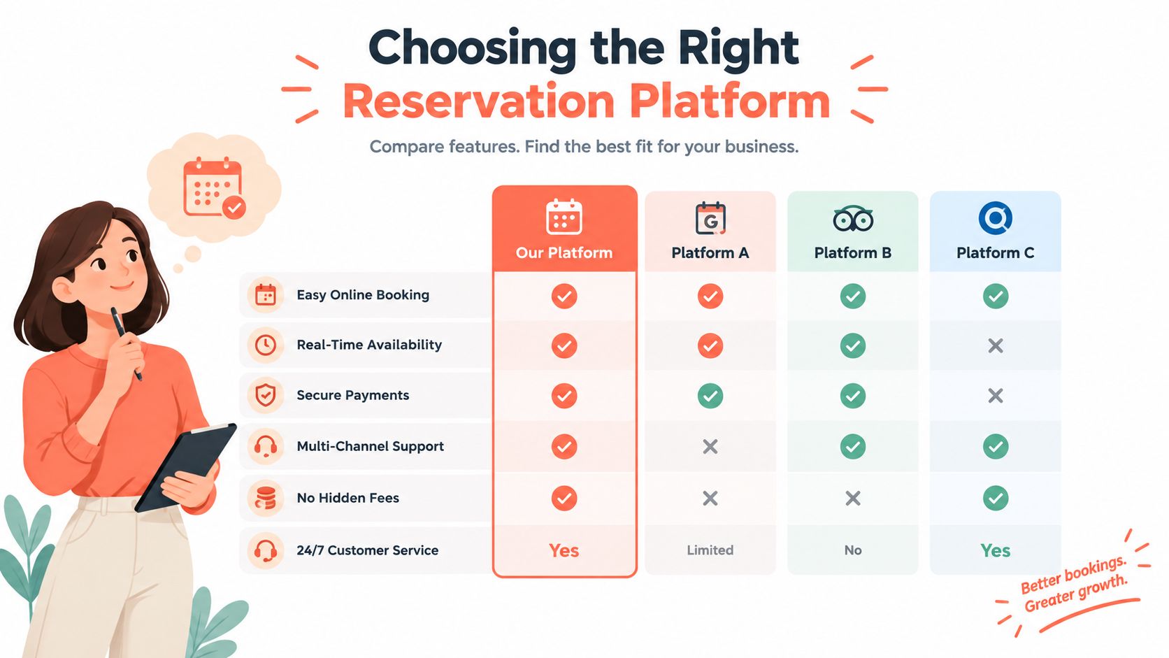 A comparison chart showing features of different reservation platforms for business capacity planning and booking management.