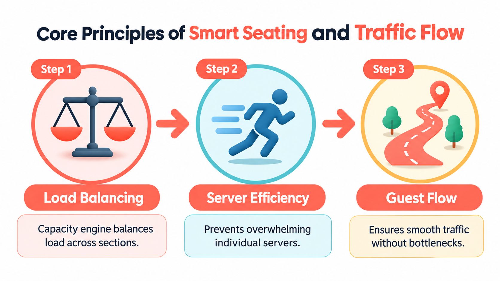 A diagram illustrating three core principles of restaurant management including load balancing, server efficiency, and guest flow.
