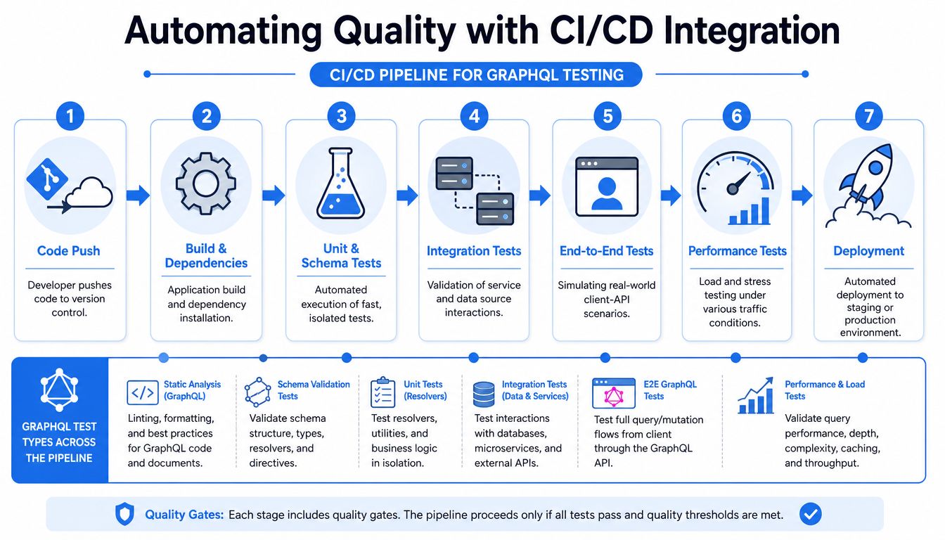 A diagram illustrating a seven-step CI/CD pipeline tailored for automated testing of GraphQL API applications.
