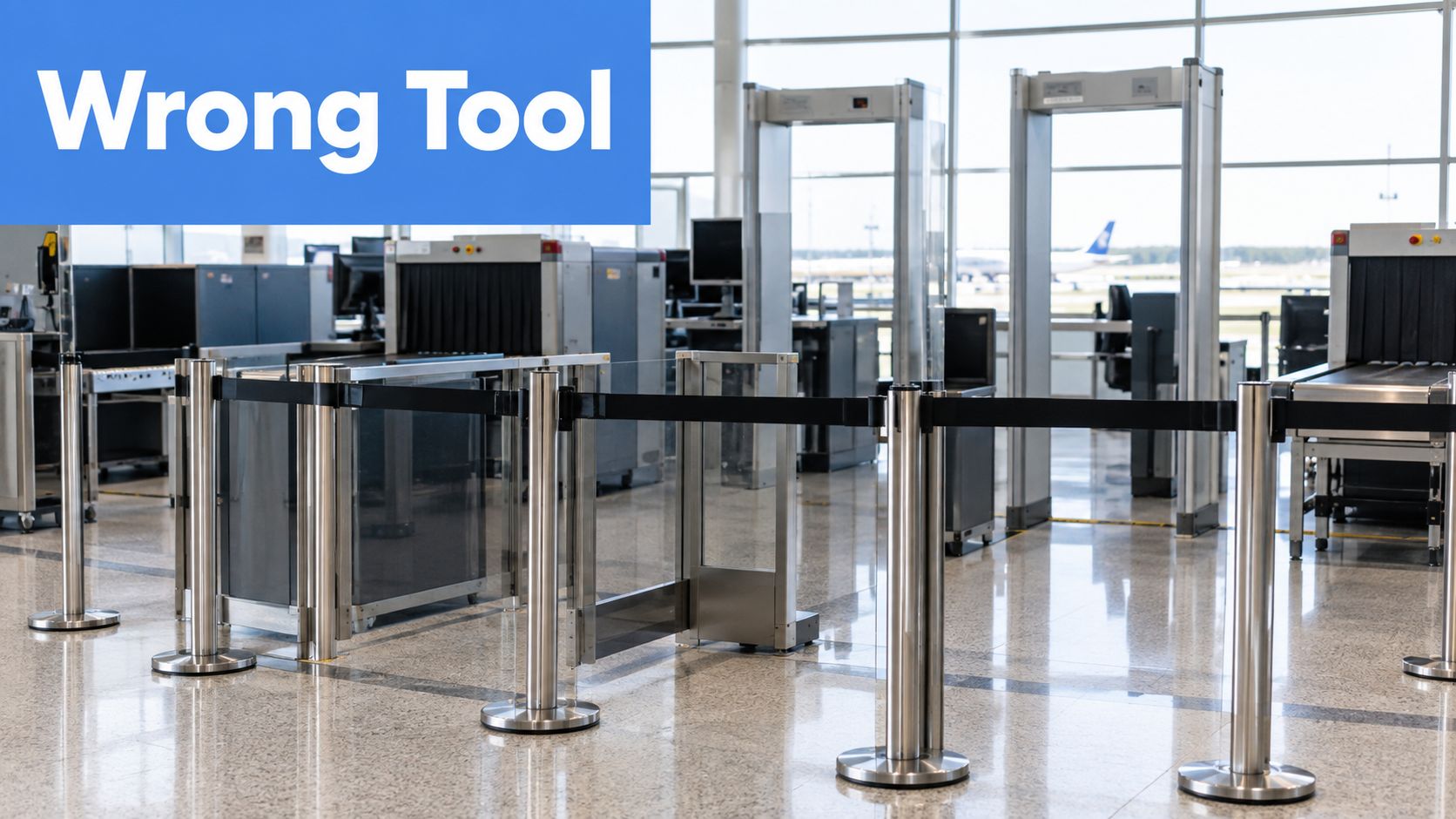 An empty airport security screening area with metal detectors and X-ray machines behind stanchion belt barriers.