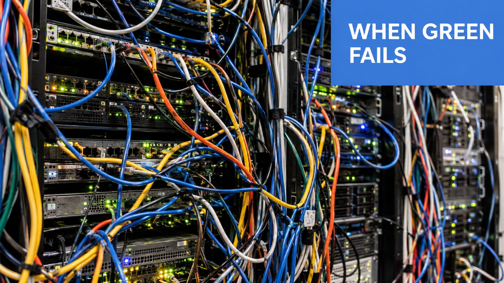 A dense tangle of colorful network cables connected to servers in a complex data center rack environment.