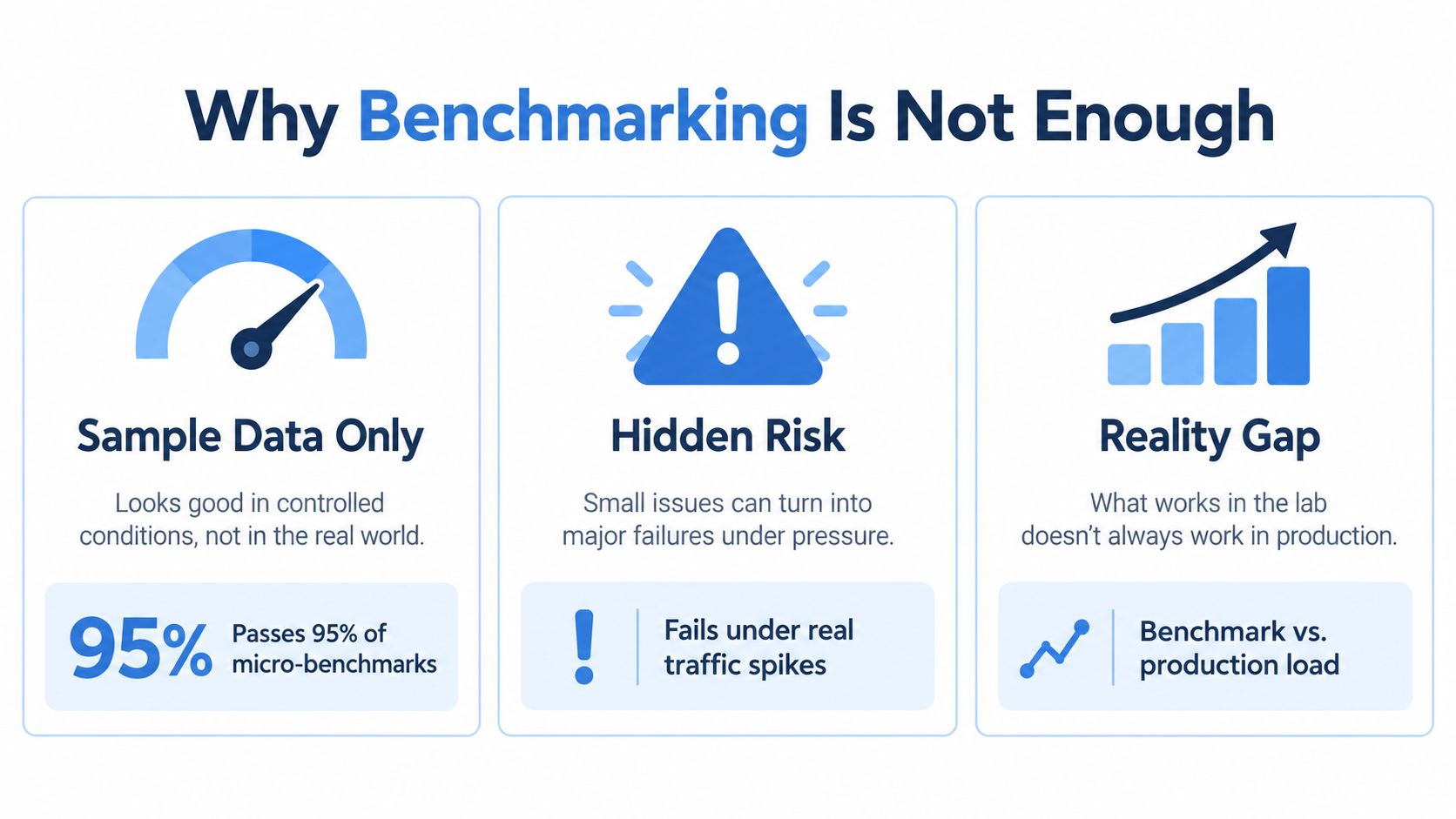 An infographic titled Why Benchmarking Is Not Enough highlighting limitations like sample data, hidden risks, and reality gaps.