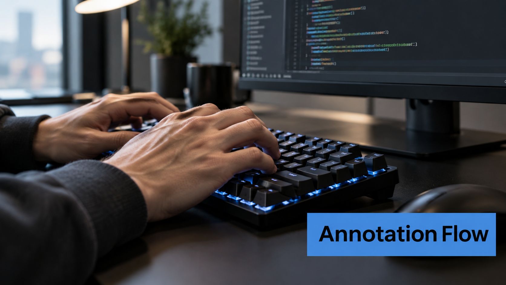 A close-up view of a developer's hands typing code on a mechanical keyboard with blue backlighting.