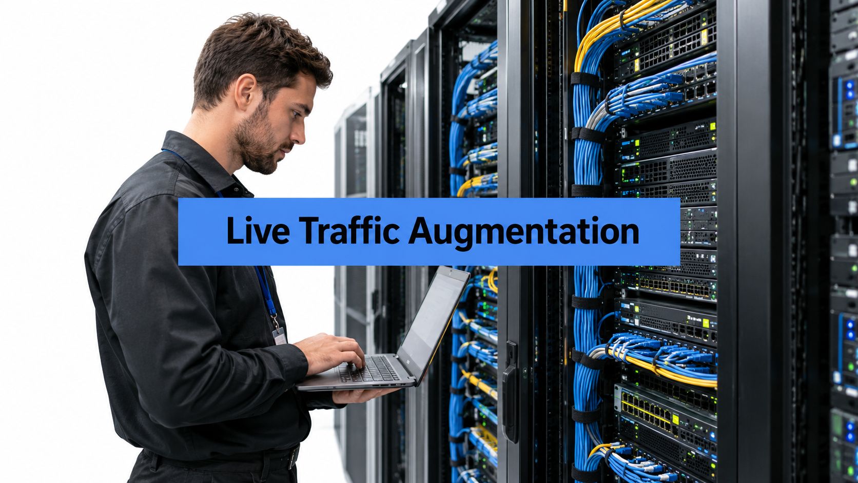A network engineer inspecting server racks in a modern data center with live traffic text overlay.