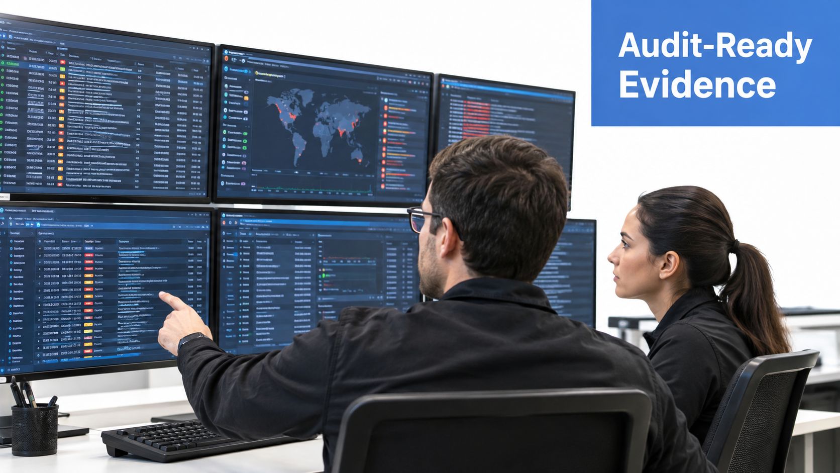 Two professionals analyzing data security dashboards in a modern office, ensuring PCI DSS compliance testing requirements.