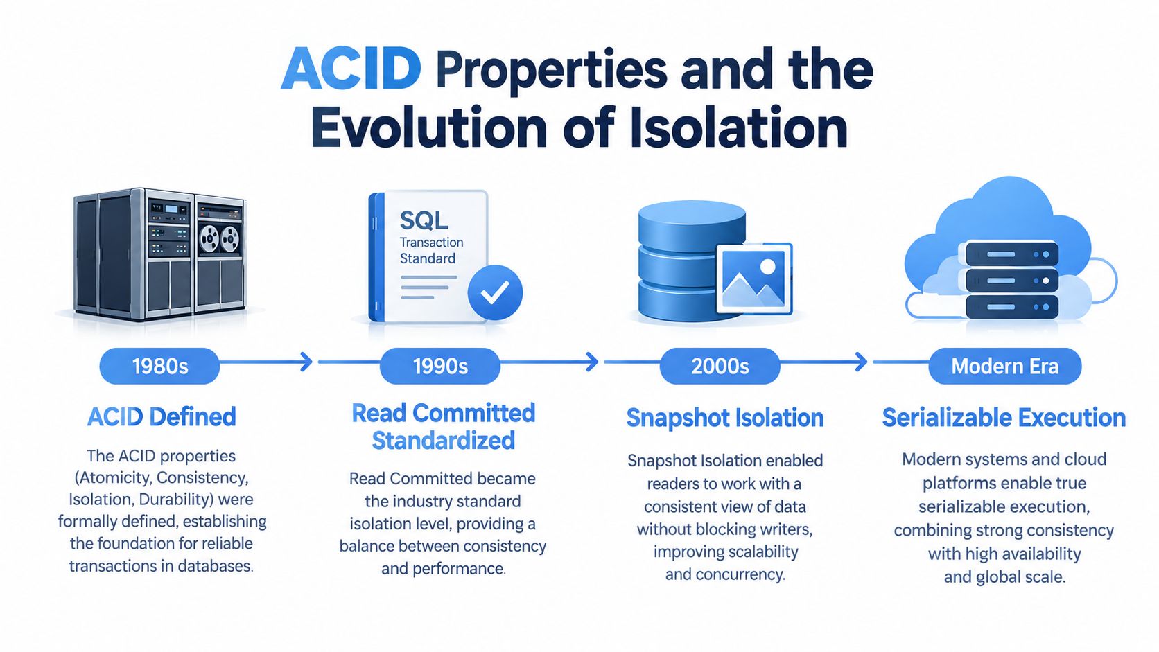 A timeline graphic illustrating the evolution of database transaction isolation from the 1980s to the modern era.