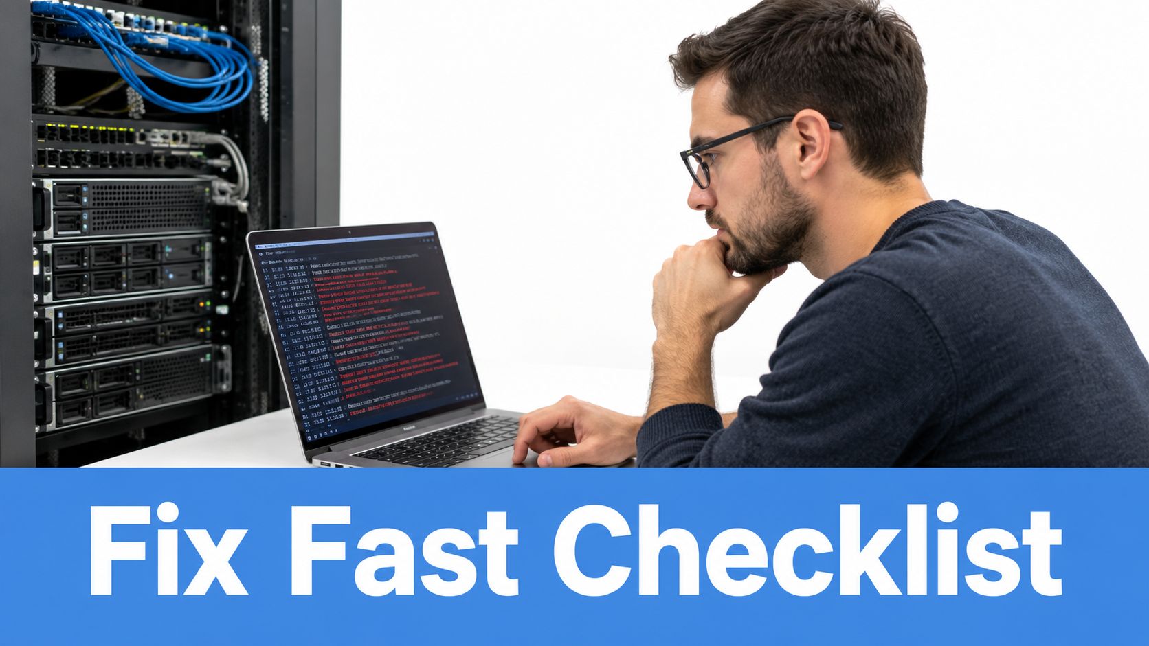 A focused man wearing glasses works on programming code on a laptop in a server room.