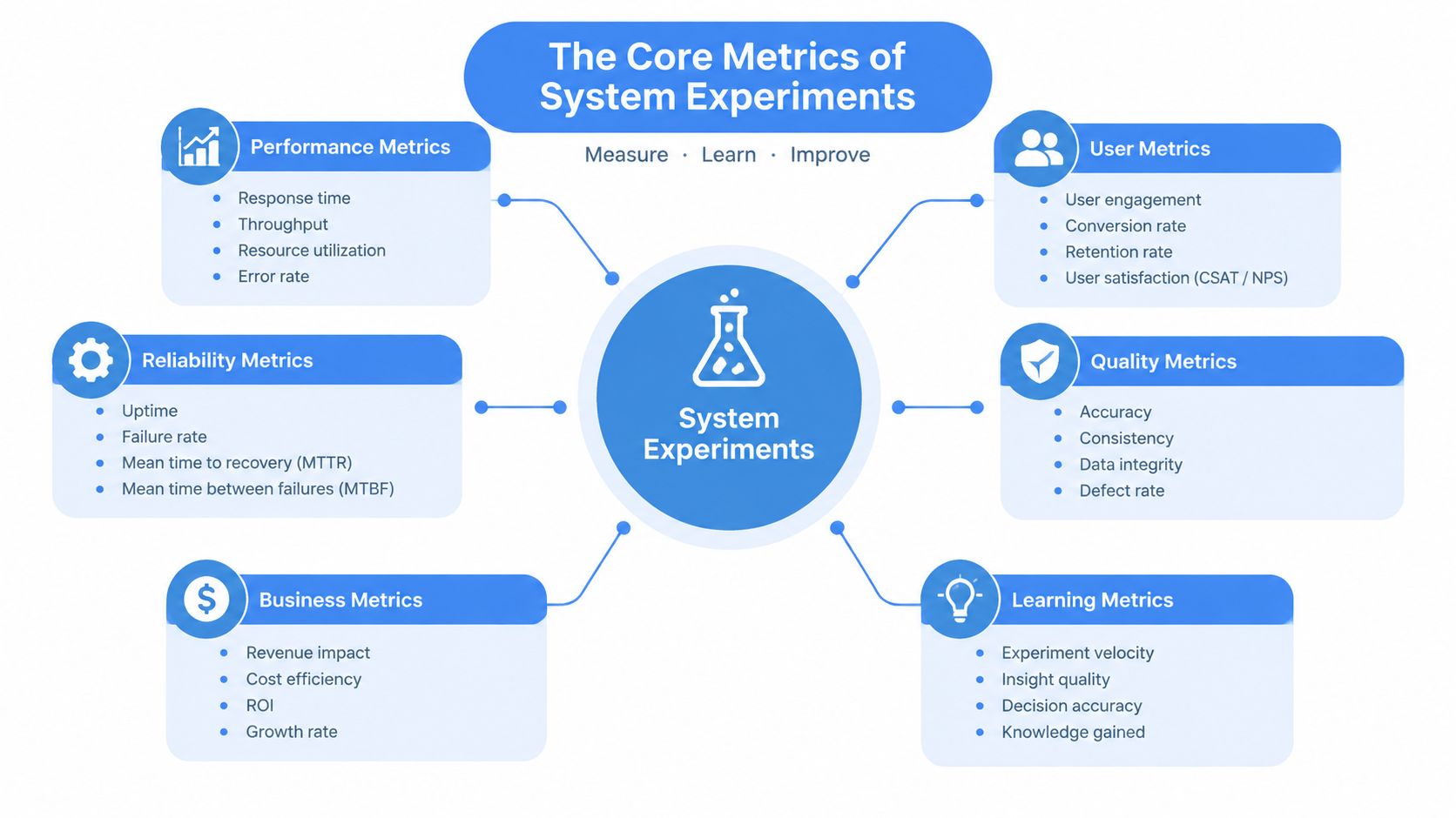 A diagram illustrating the core metrics of system experiments, including performance, reliability, business, user, quality, and learning categories.
