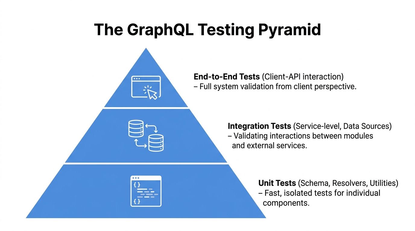 A diagram of the GraphQL testing pyramid, showing layers for unit, integration, and end-to-end tests.