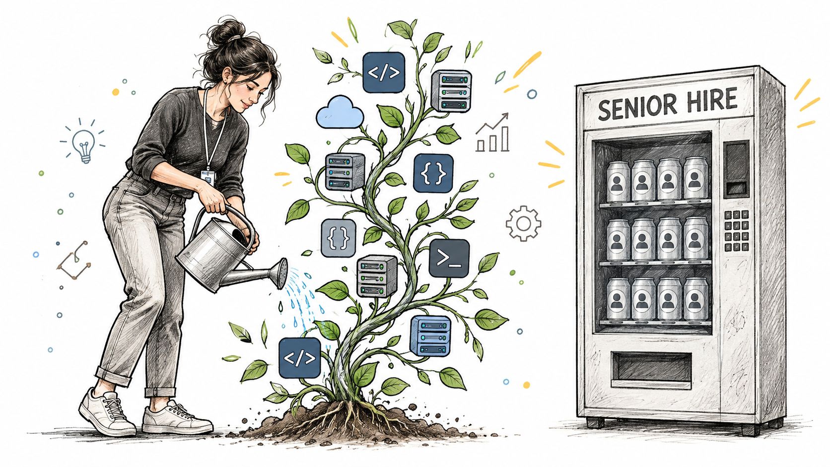 A woman waters a technology-themed plant bearing software icons, contrasted with a vending machine for senior hires.