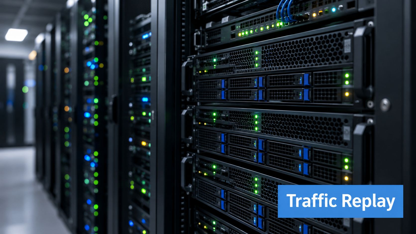 A server rack in a data center with blue and green status lights indicating active network activity