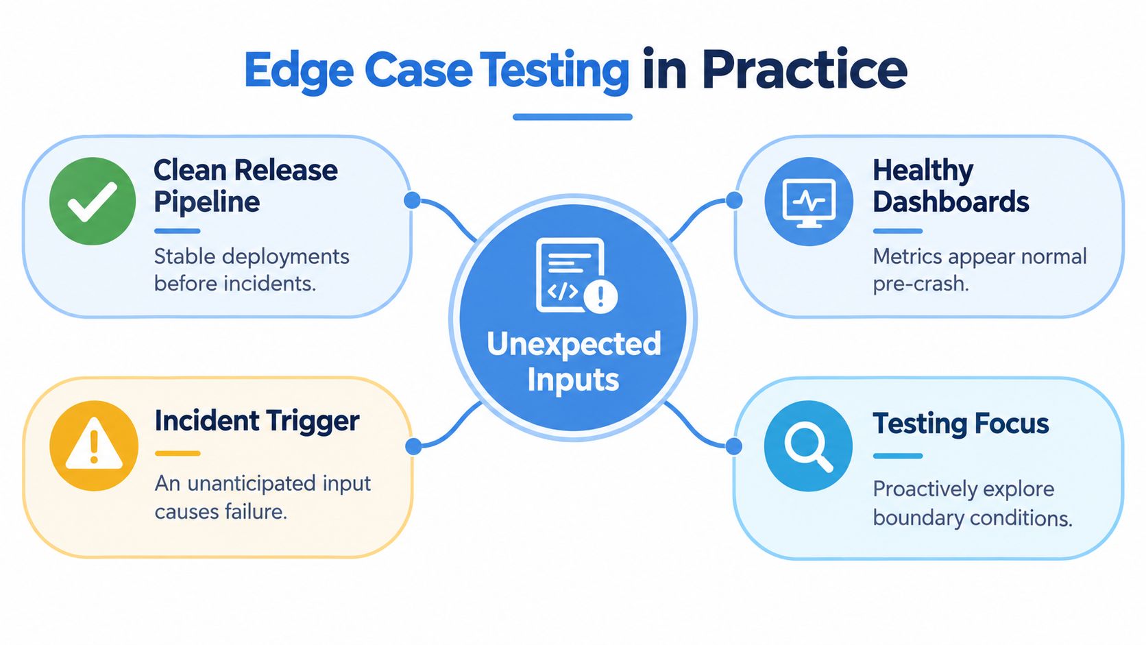 A diagram illustrating Edge Case Testing in Practice by showing how unexpected inputs trigger system failures.
